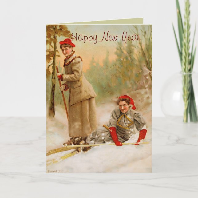 Cartes Pour Fêtes Annuelles femmes rouges de casquette en tournée de ski (Devant)