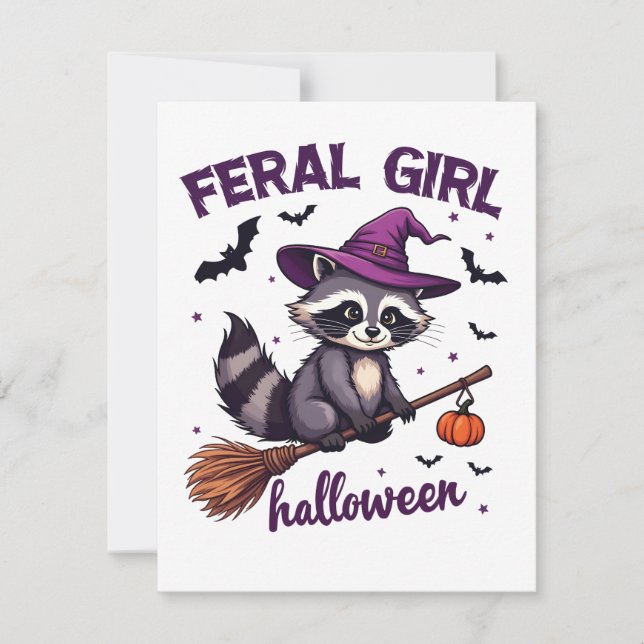 Cartes Pour Fêtes Annuelles Feral Girl Halloween Éffrayant Raccoon sorcier cad (Devant)