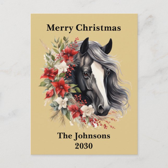 Cartes Pour Fêtes Annuelles Ferme Black Christmas Horse Wreath Poinsettia (Devant)