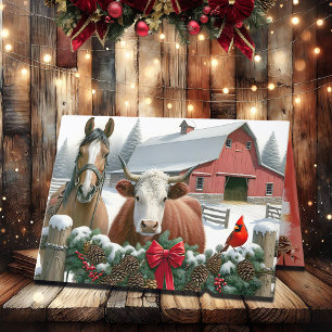 Cartes Pour Fêtes Annuelles Ferme de Noël avec cheval brun et vache