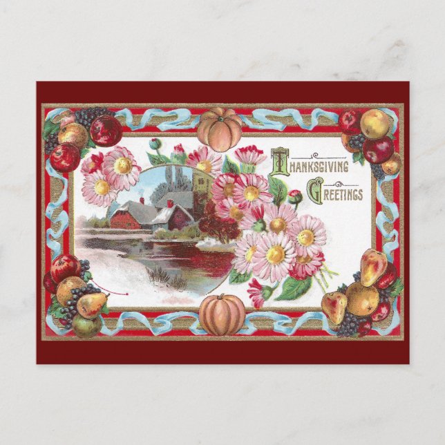 Cartes Pour Fêtes Annuelles Ferme, Fruits et Filles roses Thanksgiving (Devant)