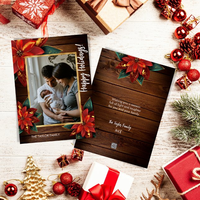Cartes Pour Fêtes Annuelles Ferme Poinsettia Joyeux Noël Famille Photo (Créateur téléchargé)