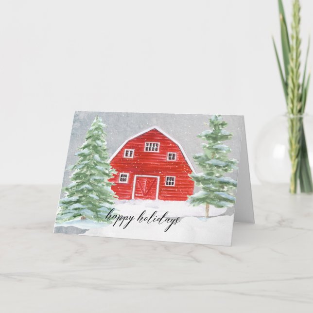 Cartes Pour Fêtes Annuelles Ferme rustique Grange rouge dans la neige Noël (Devant)