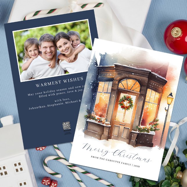 Cartes Pour Fêtes Annuelles Festif aquarelle photo Joyeux Noël (Merry Christmas Navy Blue Watercolor Photo Holiday Card)