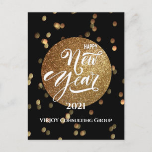 Cartes Pour Fêtes Annuelles Festif Bokeh Gold Confetti Élégant Black Business