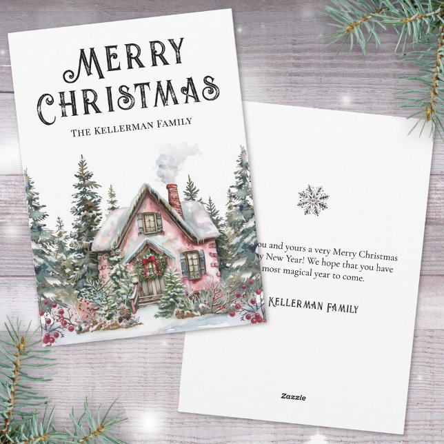 Cartes Pour Fêtes Annuelles Festif Cabine d'hiver Joyeux Noël (Festive Winter Cabin Merry Christmas Holiday Card)