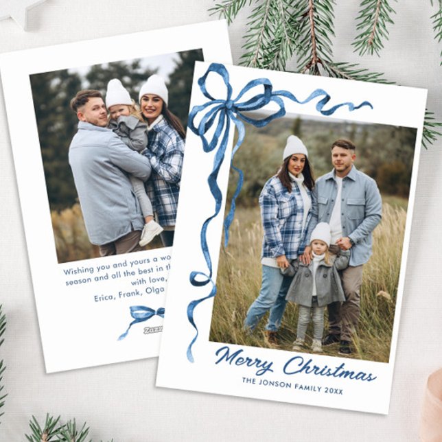 Cartes Pour Fêtes Annuelles Festif Dusty Blue Christmas Bow Ribbon 2 Photo (Créateur téléchargé)