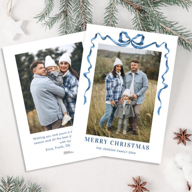 Cartes Pour Fêtes Annuelles Festif Dusty Blue Christmas Bow Ribbon 2 Photo (Créateur téléchargé)