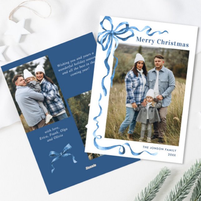 Cartes Pour Fêtes Annuelles Festif Dusty Blue Christmas Bow Ribbon 3 Photo (Créateur téléchargé)