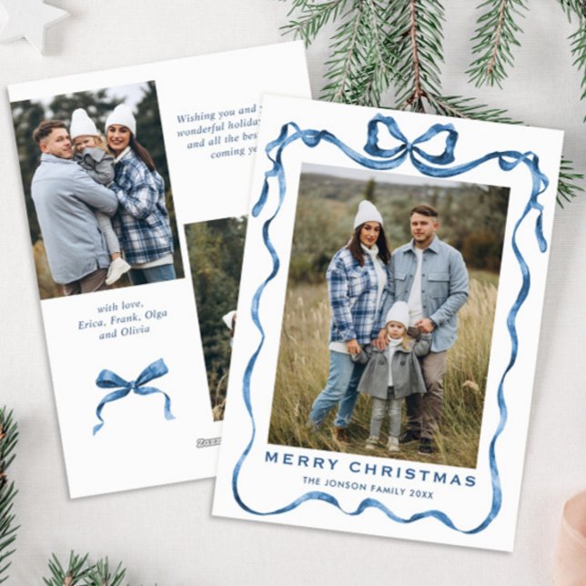 Cartes Pour Fêtes Annuelles Festif Dusty Blue Christmas Bow Ribbon 3 Photo (Créateur téléchargé)