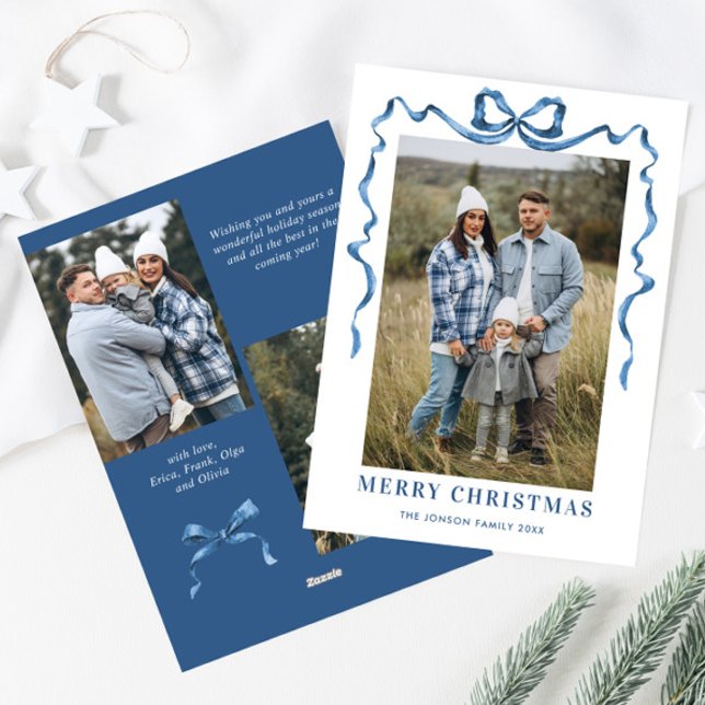 Cartes Pour Fêtes Annuelles Festif Dusty Blue Christmas Bow Ribbon 3 Photo (Créateur téléchargé)