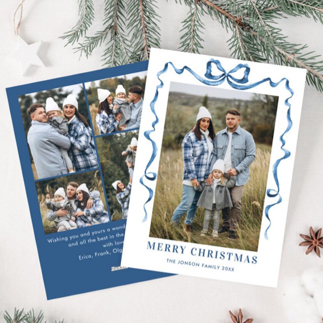 Cartes Pour Fêtes Annuelles Festif Dusty Blue Christmas Bow Ribbon 5 Photo (Créateur téléchargé)