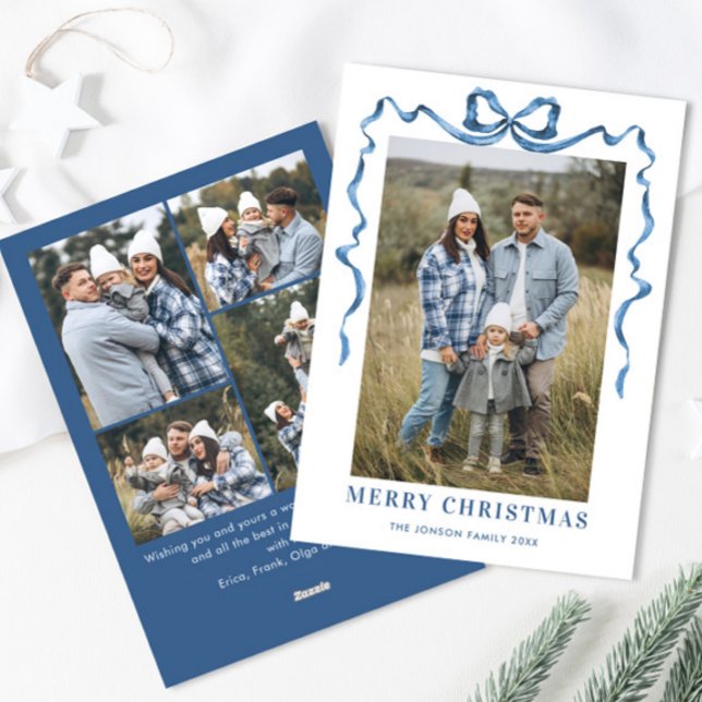 Cartes Pour Fêtes Annuelles Festif Dusty Blue Christmas Bow Ribbon 5 Photo (Créateur téléchargé)
