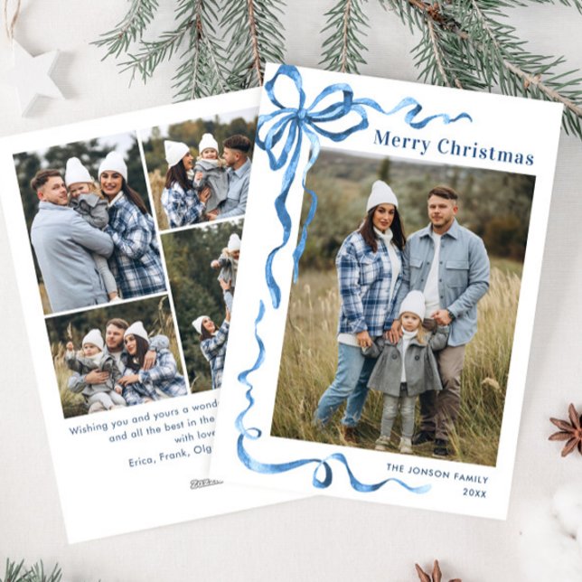 Cartes Pour Fêtes Annuelles Festif Dusty Blue Christmas Bow Ribbon 5 Photo (Créateur téléchargé)