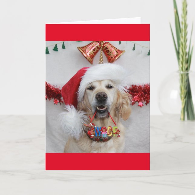 Cartes Pour Fêtes Annuelles Festif Golden Retriever tenant Noël 'Woof' (Devant)