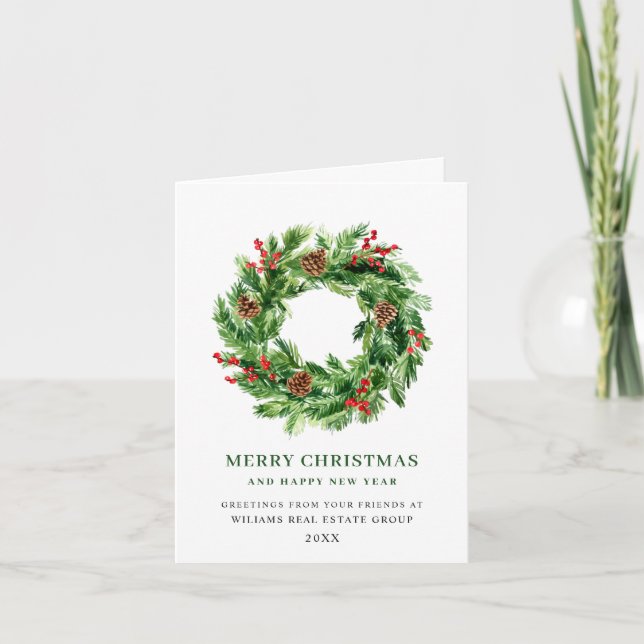 Cartes Pour Fêtes Annuelles Festif Holly Berry Pine Cones Wreath Noël (Devant)