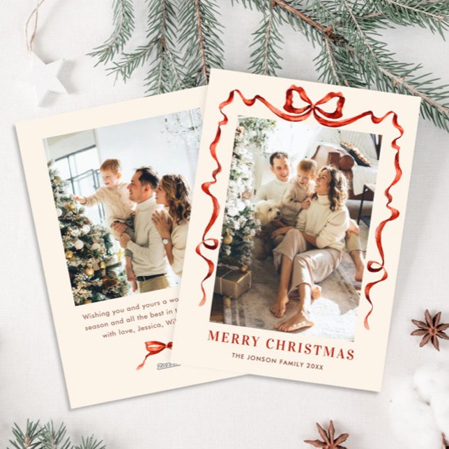 Cartes Pour Fêtes Annuelles Festif Noël Boho Red Bow Ribbon 2 Photo (Créateur téléchargé)