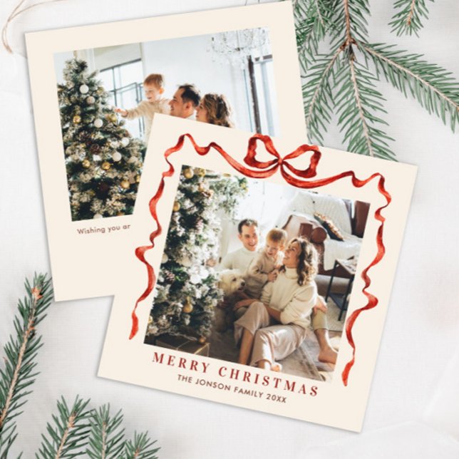 Cartes Pour Fêtes Annuelles Festif Noël Boho Red Bow Ribbon 2 Photo (Créateur téléchargé)