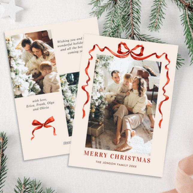 Cartes Pour Fêtes Annuelles Festif Noël Boho Red Bow Ribbon 3 Photo (Créateur téléchargé)