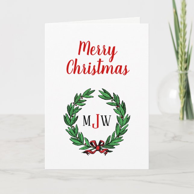 Cartes Pour Fêtes Annuelles Festif Noël Noël Noël Holly Wreath Monogramme (Devant)