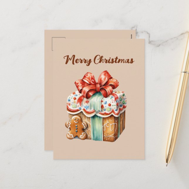 Cartes Pour Fêtes Annuelles Festif pain d'épices de Noël aquarelle Vacances (Devant/Arrière en situation)