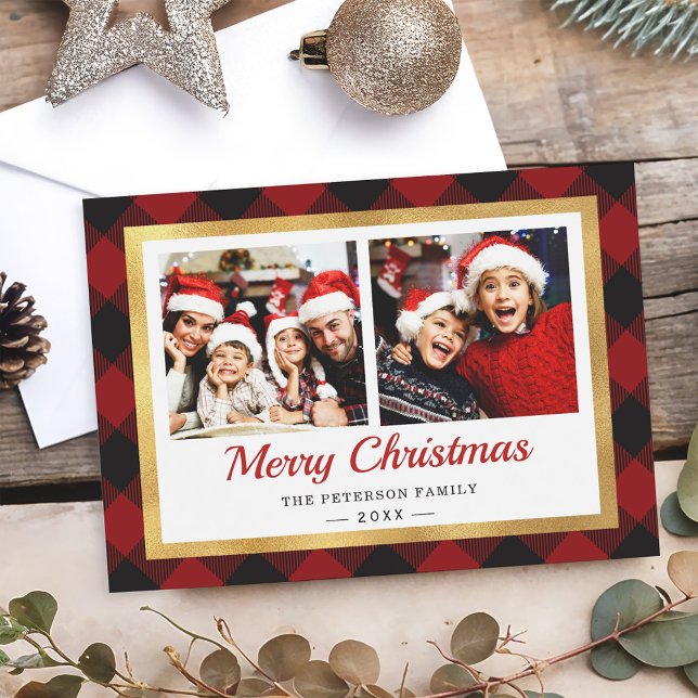 Cartes Pour Fêtes Annuelles Festif Red Buffalo Plaid Gold Frame Photo (Créateur téléchargé)