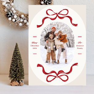 Cartes Pour Fêtes Annuelles Festif Retro tendance Red Bows Oval Photo