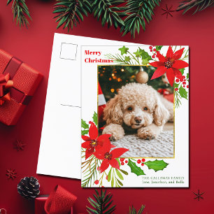 Cartes Pour Fêtes Annuelles Festif Rouge Floral Chien Photo Noël Poinsettia