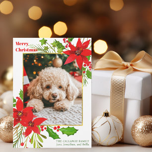Cartes Pour Fêtes Annuelles Festif Rouge Floral Chien Photo Noël Poinsettia