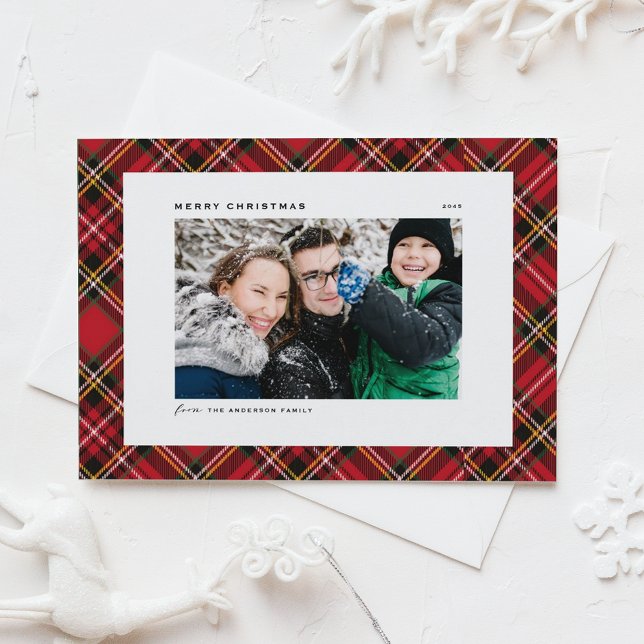 Cartes Pour Fêtes Annuelles Festif Rouge Plaid Motif Joyeux Noël Photo (Festive Red Tartan Plaid Pattern Merry Christmas Photo Holiday Card)
