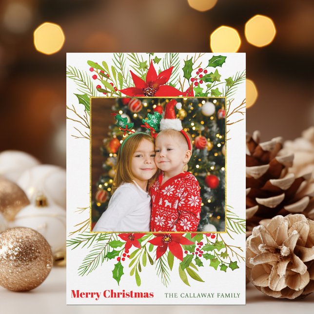 Cartes Pour Fêtes Annuelles Festif Rouge Poinsettia Floral Christmas Kids Phot (Créateur téléchargé)