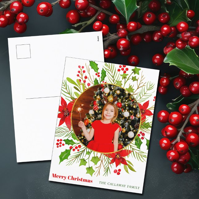 Cartes Pour Fêtes Annuelles Festif Rouge Poinsettia Noël Enfants Photo (Créateur téléchargé)