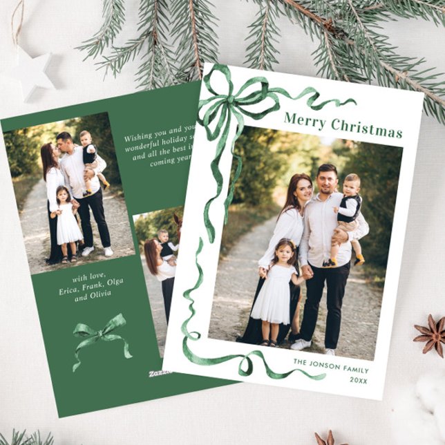 Cartes Pour Fêtes Annuelles Festif Sage vert Noël Bow Ribbon 3 Photo (Créateur téléchargé)