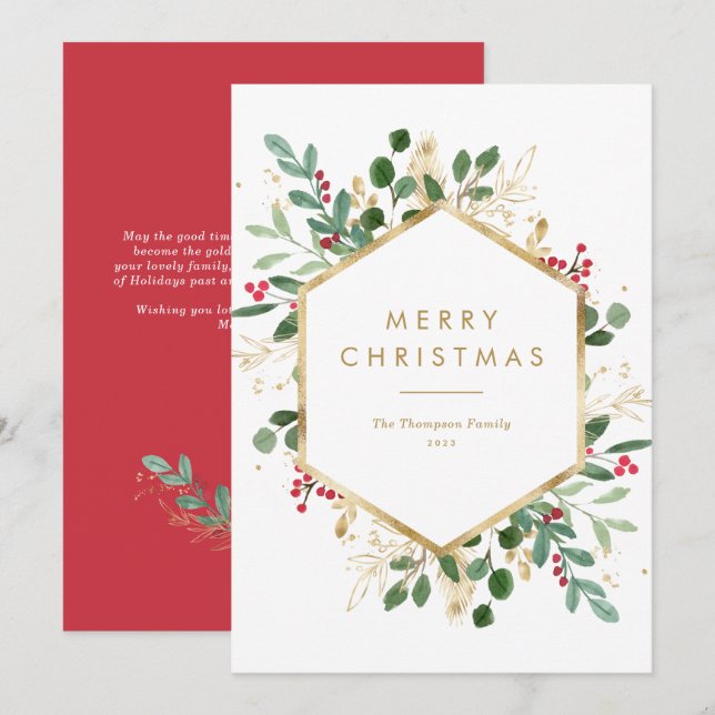 Cartes Pour Fêtes Annuelles Festivale Verdure Or Frame Joyeux Noël (Devant / Derrière)