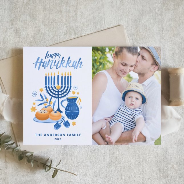 Cartes Pour Fêtes Annuelles Festive Aquarelle Menorah Happy Hanoukka Photo (Créateur téléchargé)
