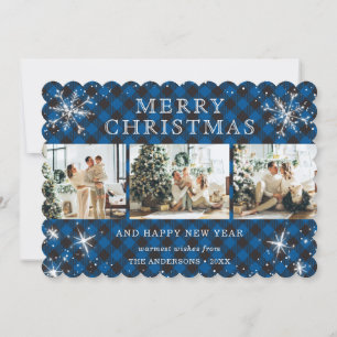 Cartes Pour Fêtes Annuelles Festive Blue Plaid Sparkly Snowflake Photo Collage