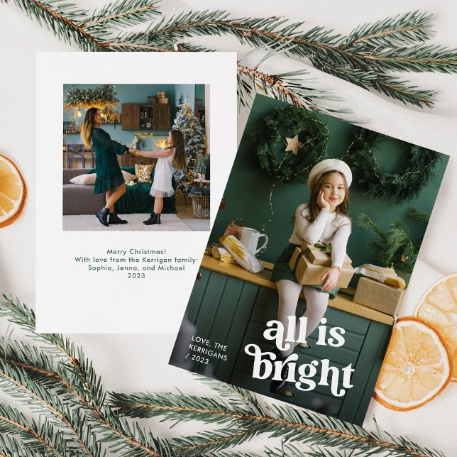 Cartes Pour Fêtes Annuelles Festive Boho | Tout est lumineux avec deux photos (A whimsical, boho Christmas card that says "all is bright" and features two of your photos)
