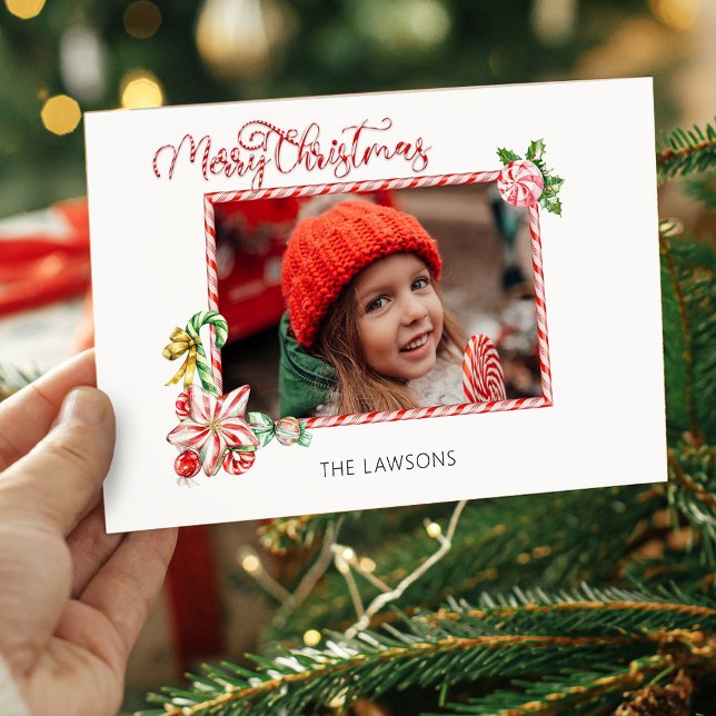 Cartes Pour Fêtes Annuelles Festive Candy Cane Merry Christmas One Photo (Créateur téléchargé)