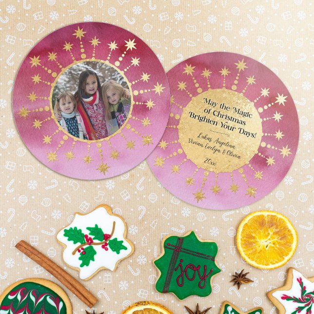 Cartes Pour Fêtes Annuelles Festive Christmas Star : Red and Gold Photo (Christmas Magic Red, Pink, and Gold Photo Holiday Card)