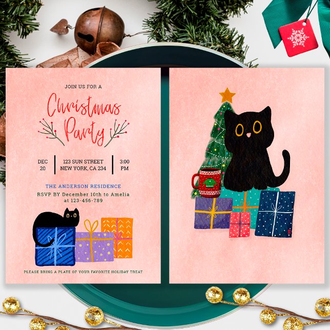 Cartes Pour Fêtes Annuelles Festive Cute Black Cat Café Rose Noël (Front and Back)
