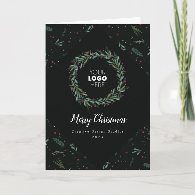 Cartes Pour Fêtes Annuelles Festive Entreprise Wreath Feuilles Berries pliées (Devant)