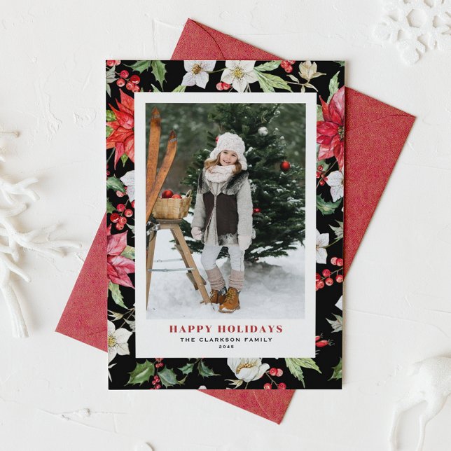 Cartes Pour Fêtes Annuelles Festive Fleurs d'hiver Motif Photo noir (Festive Winter Flowers Pattern Black Photo Happy Holidays Card)