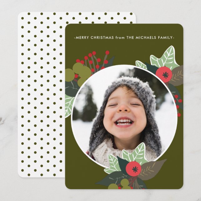 Cartes Pour Fêtes Annuelles Festive Green Botanical Circle Photo Noël (Devant / Derrière)