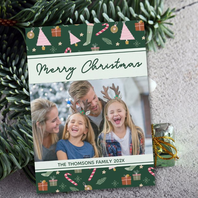 Cartes Pour Fêtes Annuelles Festive Green Joyeux Noël Motif Photo (Créateur téléchargé)