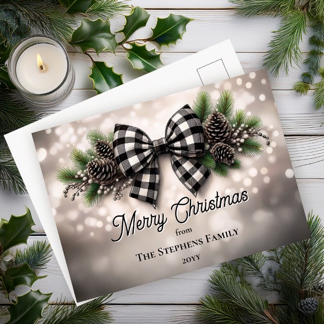 Cartes Pour Fêtes Annuelles Festive Holiday Wreath Merry Christmas Non-Photo (Festive Holiday Wreath with Black | White Check Coquette Bow "Merry Christmas" Postcard)