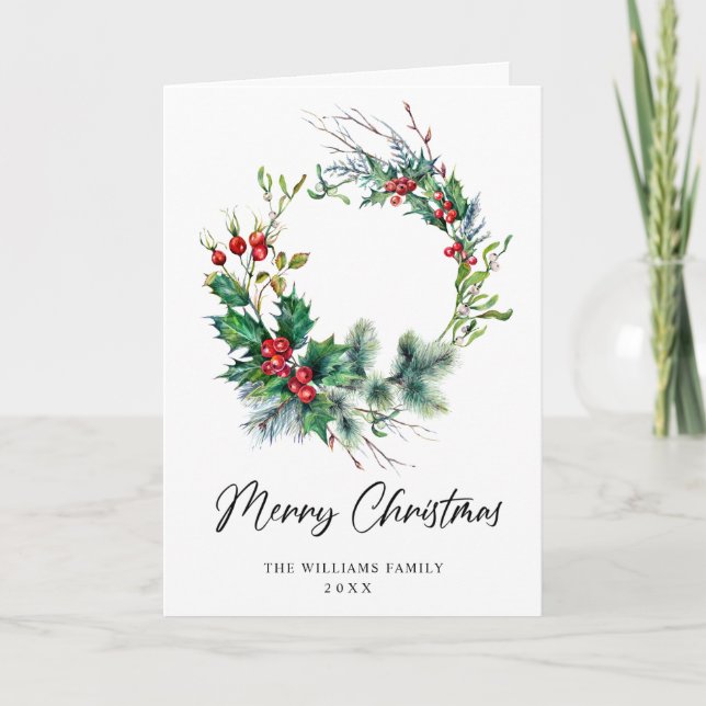 Cartes Pour Fêtes Annuelles Festive Holly Berry Wreath voeux de Noël (Devant)