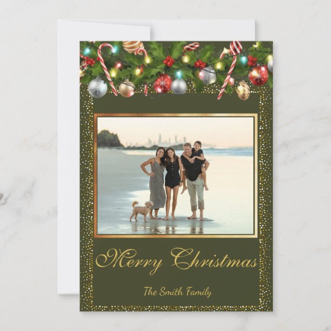 Cartes Pour Fêtes Annuelles Festive Holly Garland | Photo Parties scintillant  (Devant)