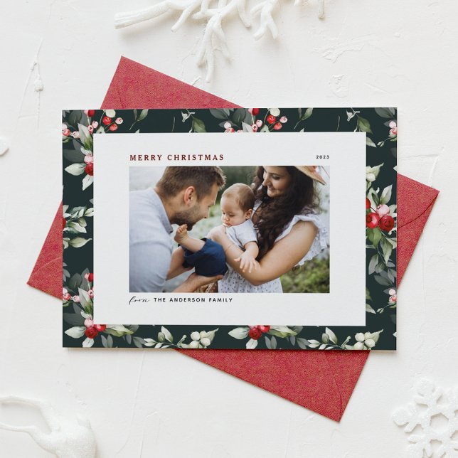 Cartes Pour Fêtes Annuelles Festive Holly Motif Joyeux Noël Photo (Créateur téléchargé)