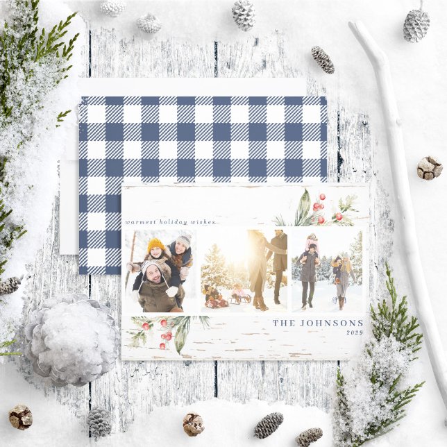 Cartes Pour Fêtes Annuelles Festive Navy Blue Farmhouse Green Photo Collage (Créateur téléchargé)