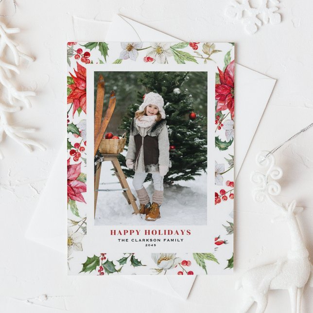 Cartes Pour Fêtes Annuelles Festive Noël Fleurs d'hiver Motif Photo (Festive Winter Flowers Pattern Black Photo Happy Holidays Postcard)